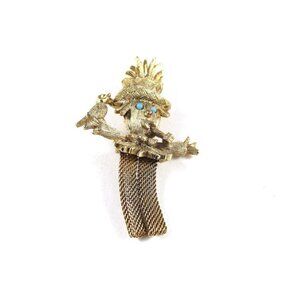 Vintage Gold Scarecrow Brooch Pin With Bird & Chain Tassel